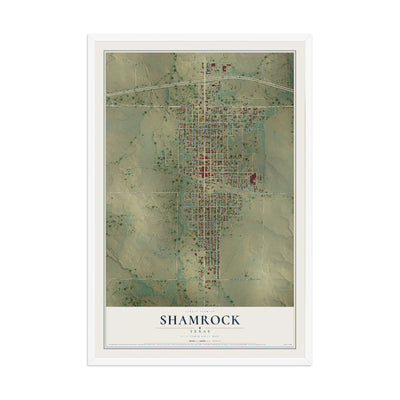 Map of Shamrock, Texas, 12 x 18 inch print in a white wood frame