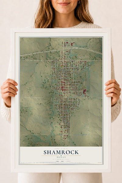Map of Shamrock, Texas, 18 x 24 inch print in a white wood frame