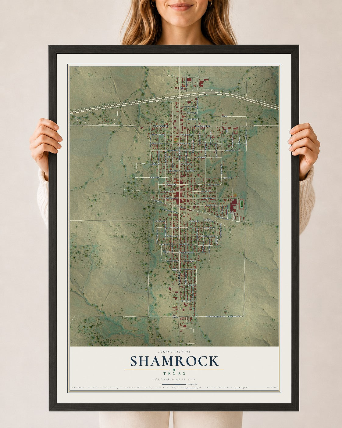 Map of Shamrock, Texas, 24 x 36 inch print in a black wood frame