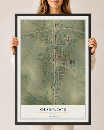 Map of Shamrock, Texas, 24 x 36 inch print in a black wood frame
