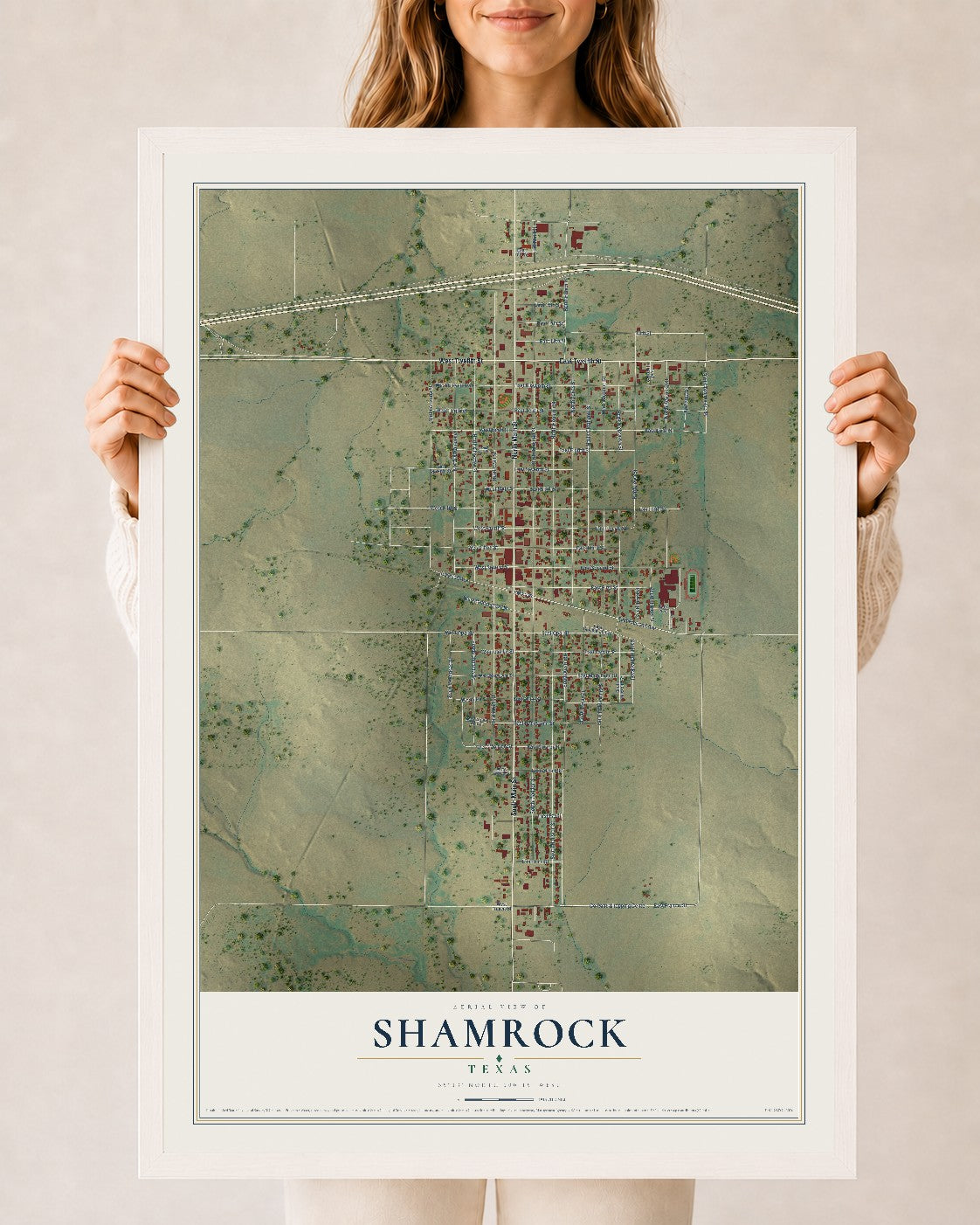 Map of Shamrock, Texas, 24 x 36 inch print in a white wood frame