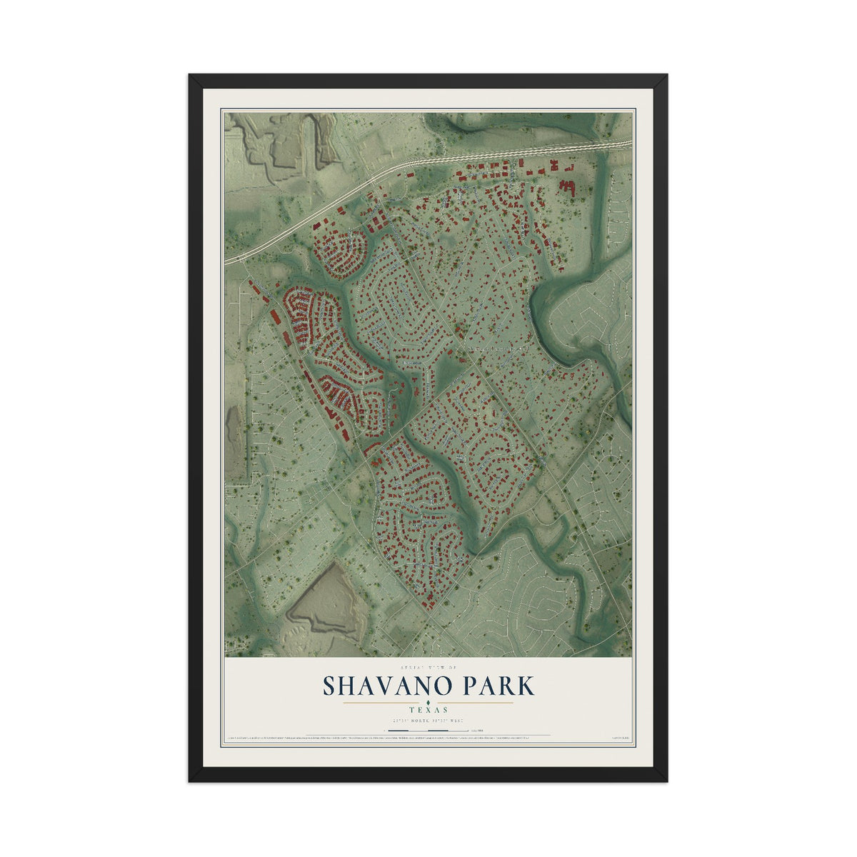 Map of Shavano Park, Texas, 12 x 18 inch print in a black wood frame
