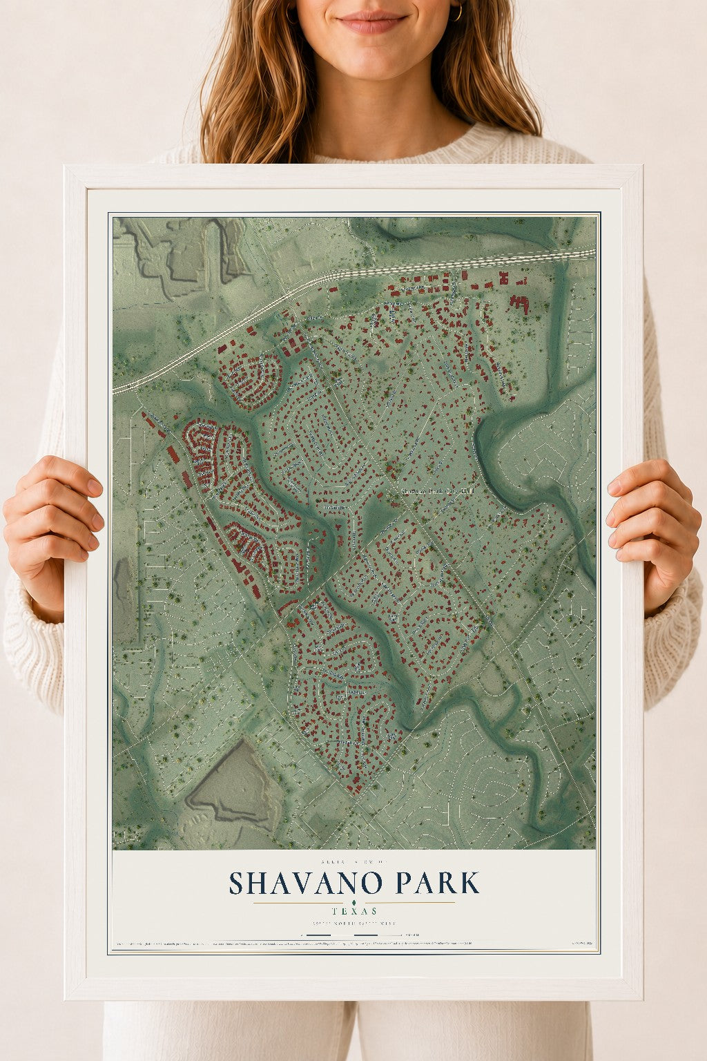 Map of Shavano Park, Texas, 18 x 24 inch print in a white wood frame