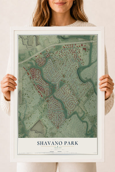 Map of Shavano Park, Texas, 18 x 24 inch print in a white wood frame