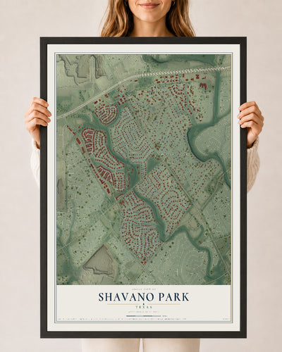Map of Shavano Park, Texas, 24 x 36 inch print in a black wood frame