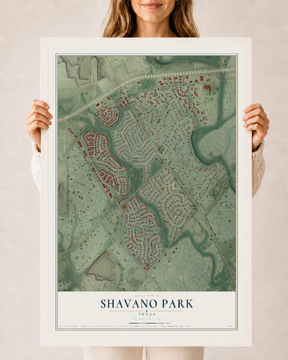 Map of Shavano Park, Texas, 24 x 36 inch print in a white wood frame