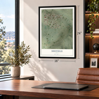 Sheffield, Texas map, 18 x 24 inch print in a black frame in a home office