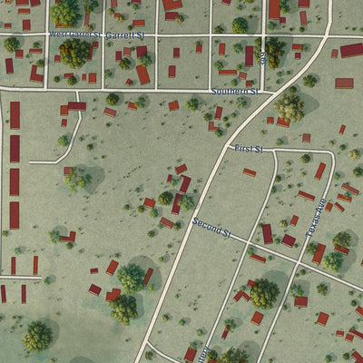 Close-up of the map of Sheffield, Texas print showing street and building detail