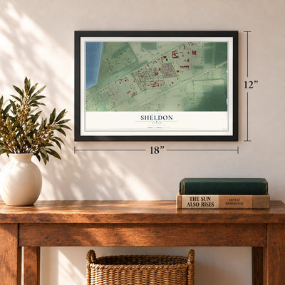 Sheldon, Texas map, 12 x 18 inch print in a black frame in an entryway