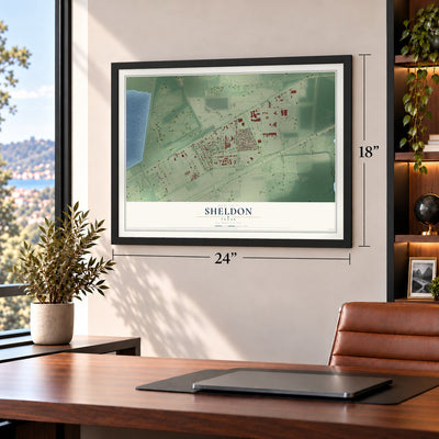Sheldon, Texas map, 18 x 24 inch print in a black frame in a home office