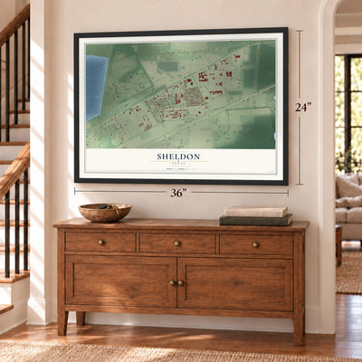 Sheldon, Texas map, 24 x 36 inch print in a black frame above a dresser by a staircase