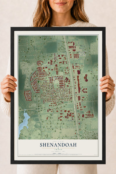 Map of Shenandoah, Texas, 18 x 24 inch print in a black wood frame