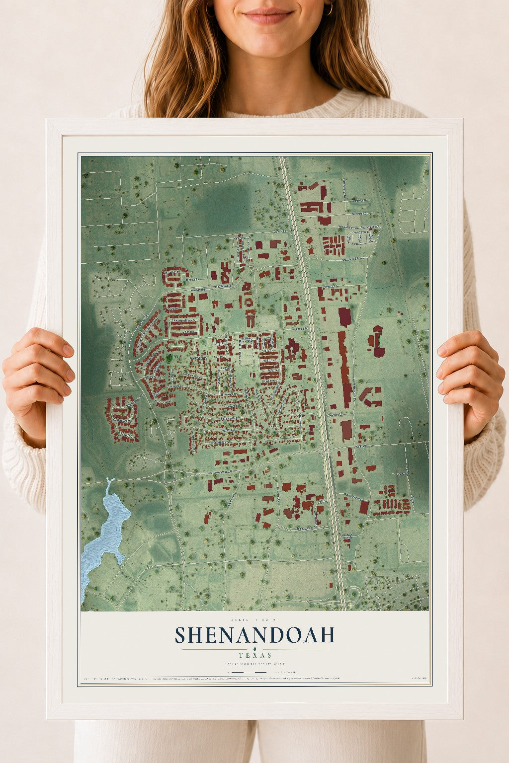 Map of Shenandoah, Texas, 18 x 24 inch print in a white wood frame