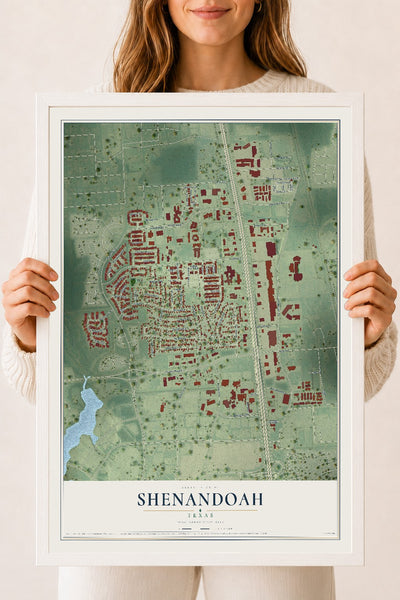 Map of Shenandoah, Texas, 18 x 24 inch print in a white wood frame