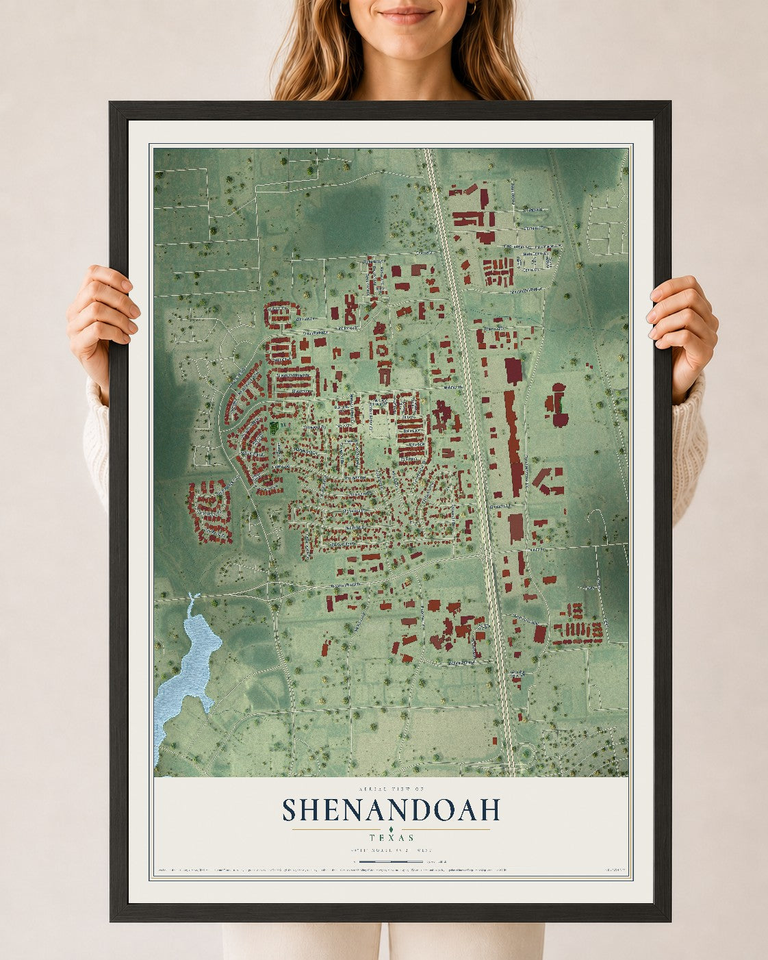 Map of Shenandoah, Texas, 24 x 36 inch print in a black wood frame