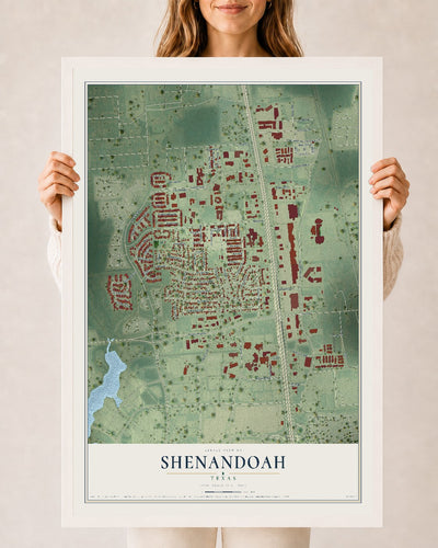 Map of Shenandoah, Texas, 24 x 36 inch print in a white wood frame
