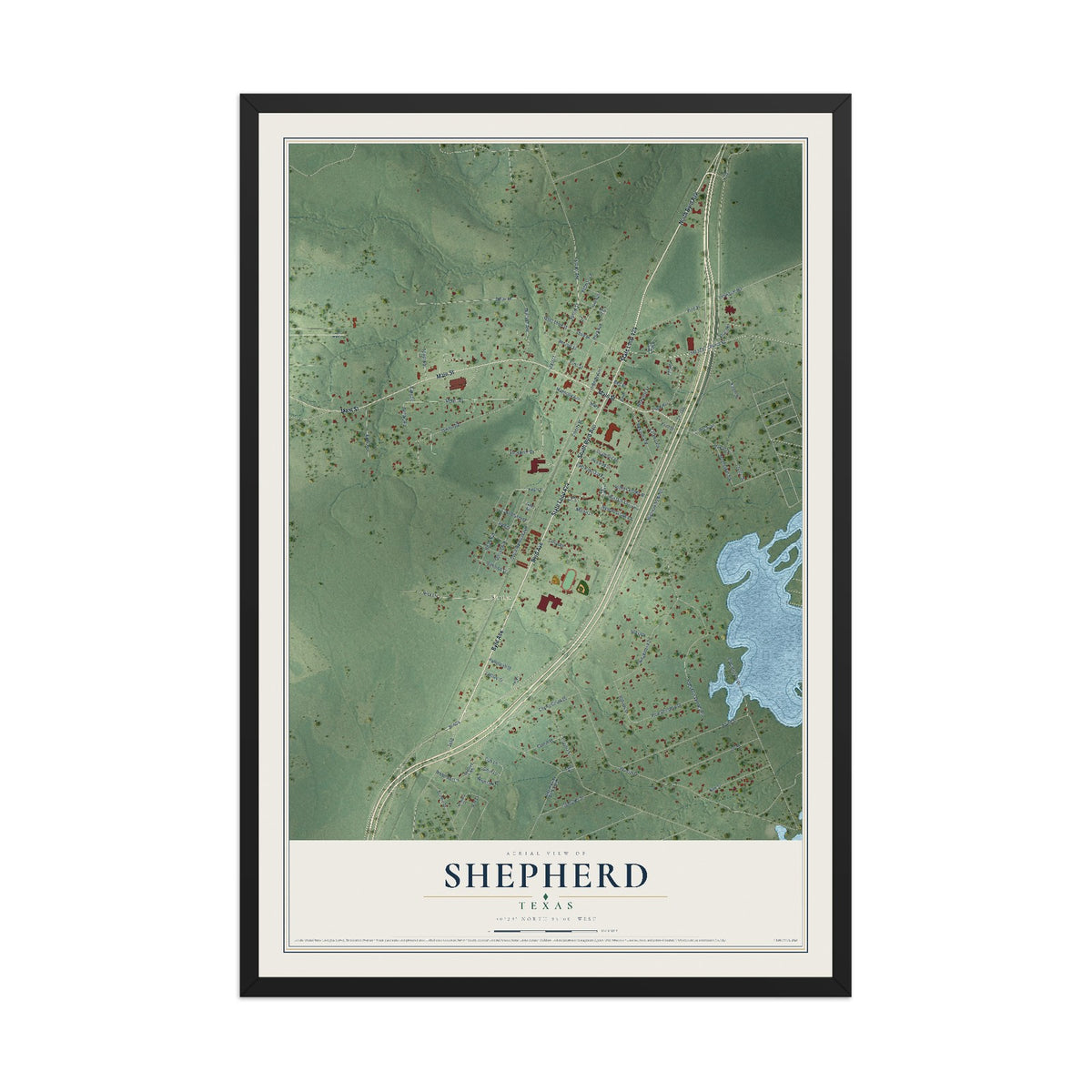 Map of Shepherd, Texas, 12 x 18 inch print in a black wood frame
