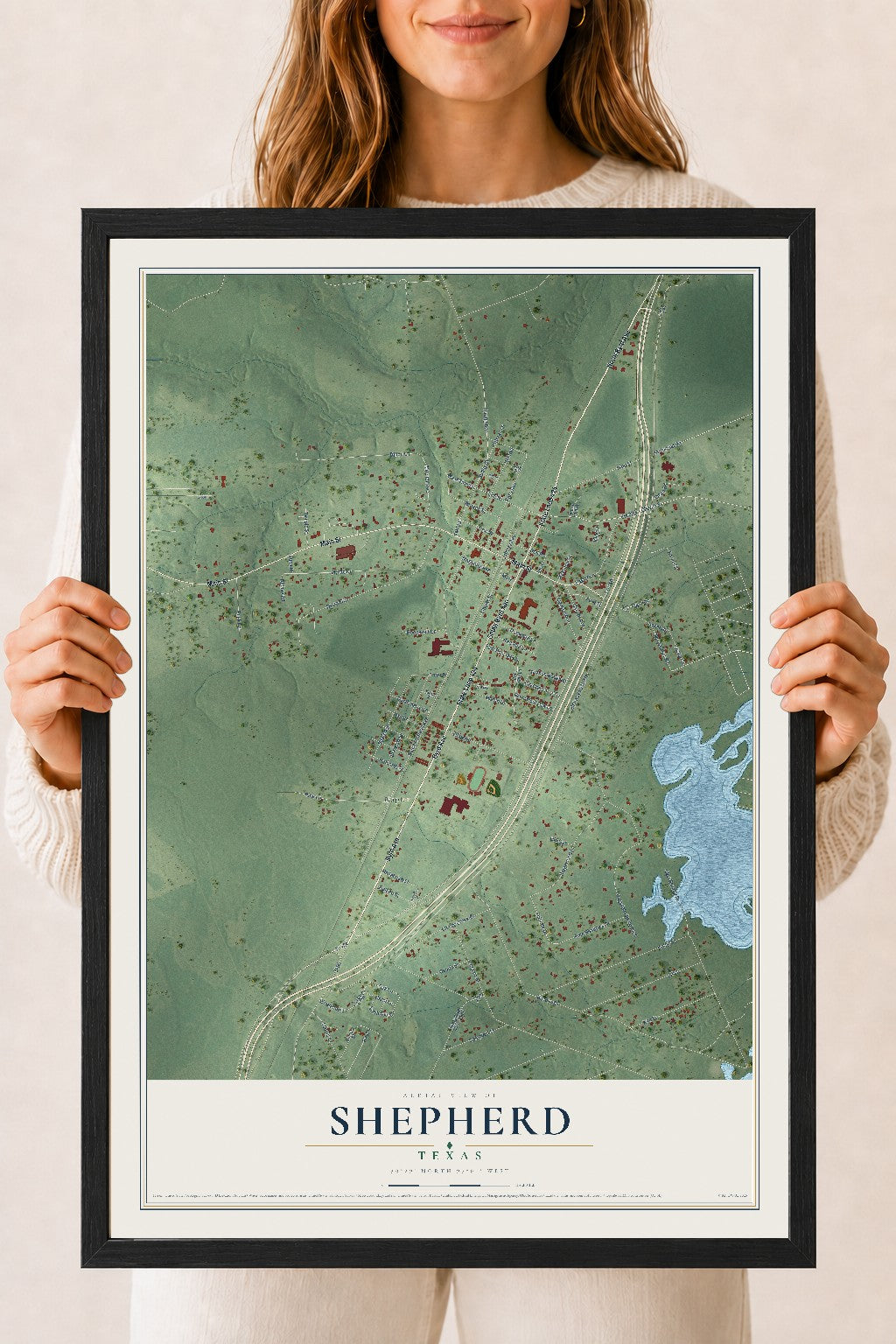 Map of Shepherd, Texas, 18 x 24 inch print in a black wood frame