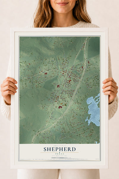 Map of Shepherd, Texas, 18 x 24 inch print in a white wood frame