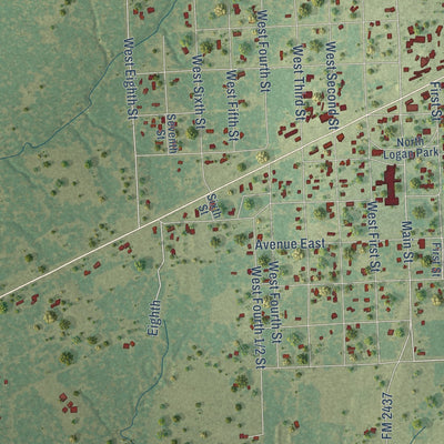 Close-up of the map of Sheridan, Texas print showing street and building detail