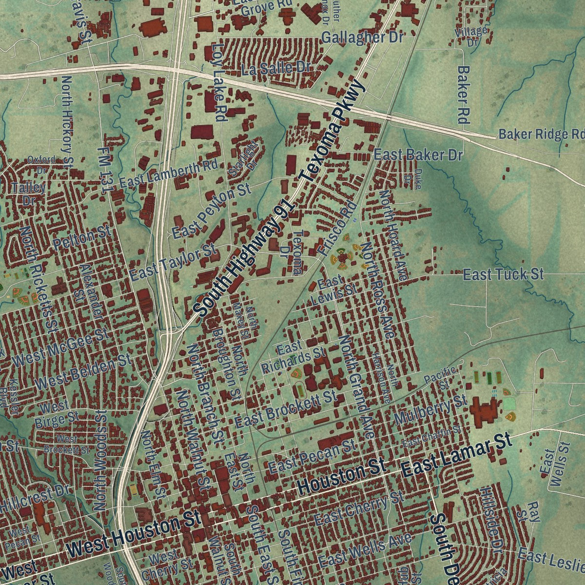 Close-up of the map of Sherman, Texas print showing street and building detail