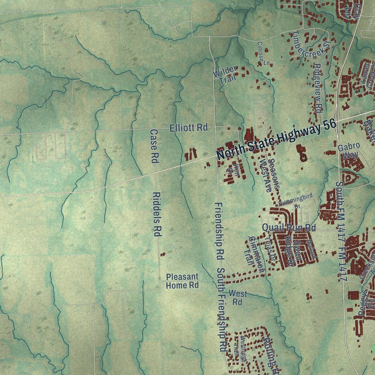 Second close-up of the map of Sherman, Texas print showing more streets and buildings