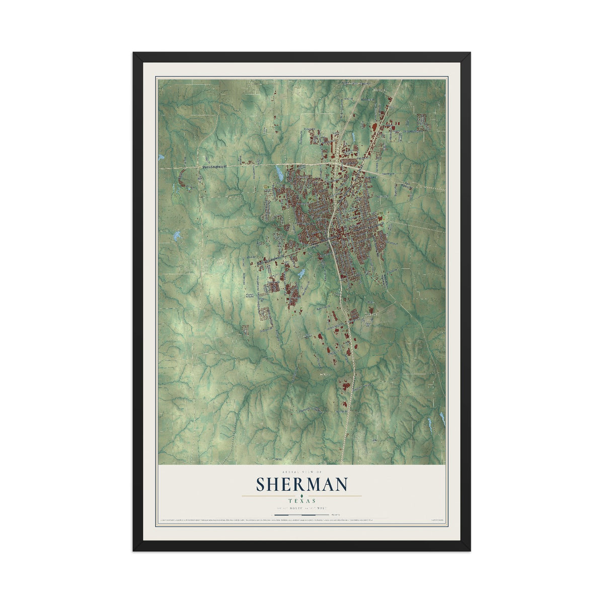 Map of Sherman, Texas, 12 x 18 inch print in a black wood frame