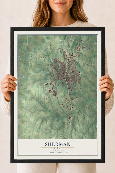 Map of Sherman, Texas, 18 x 24 inch print in a black wood frame