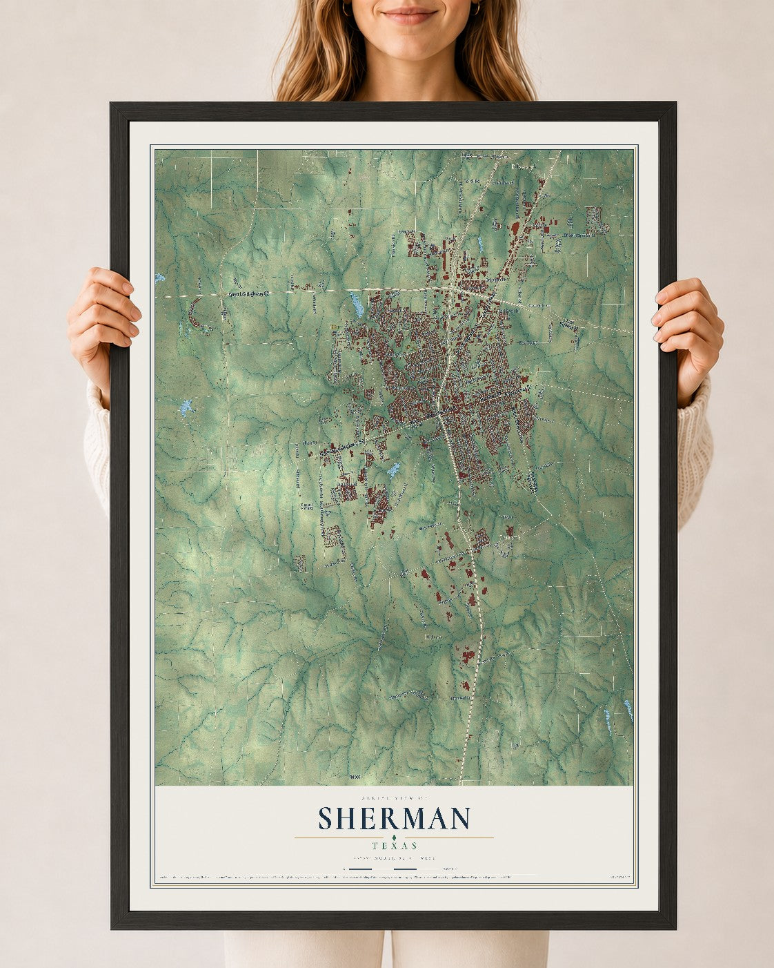 Map of Sherman, Texas, 24 x 36 inch print in a black wood frame