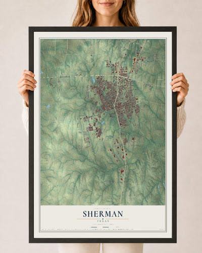 Map of Sherman, Texas, 24 x 36 inch print in a black wood frame