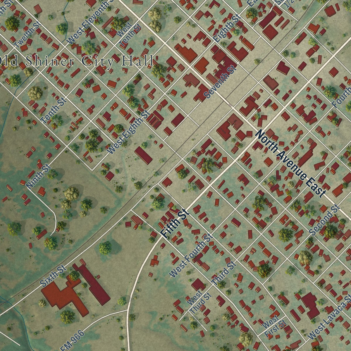 Close-up of the map of Shiner, Texas print showing street and building detail