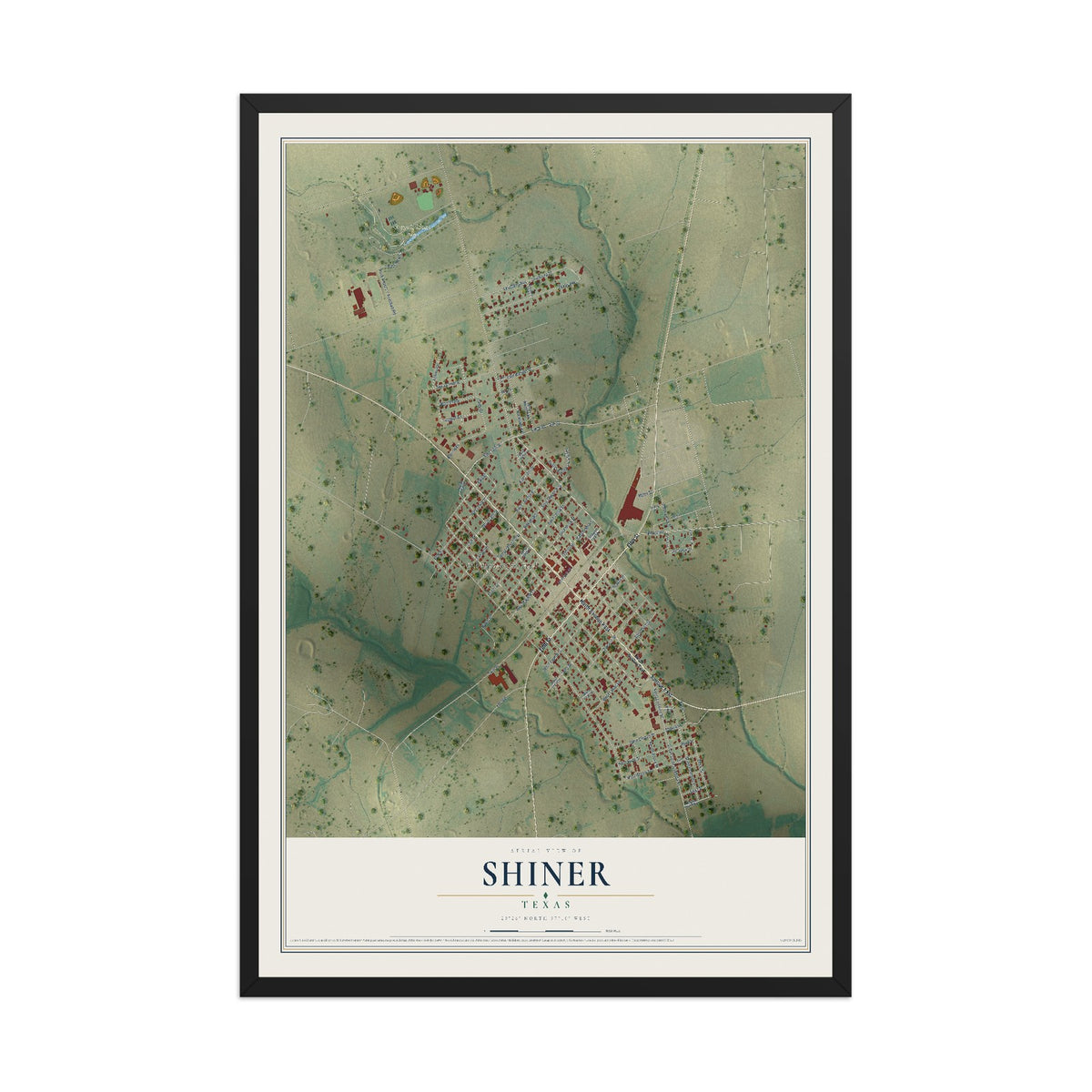 Map of Shiner, Texas, 12 x 18 inch print in a black wood frame