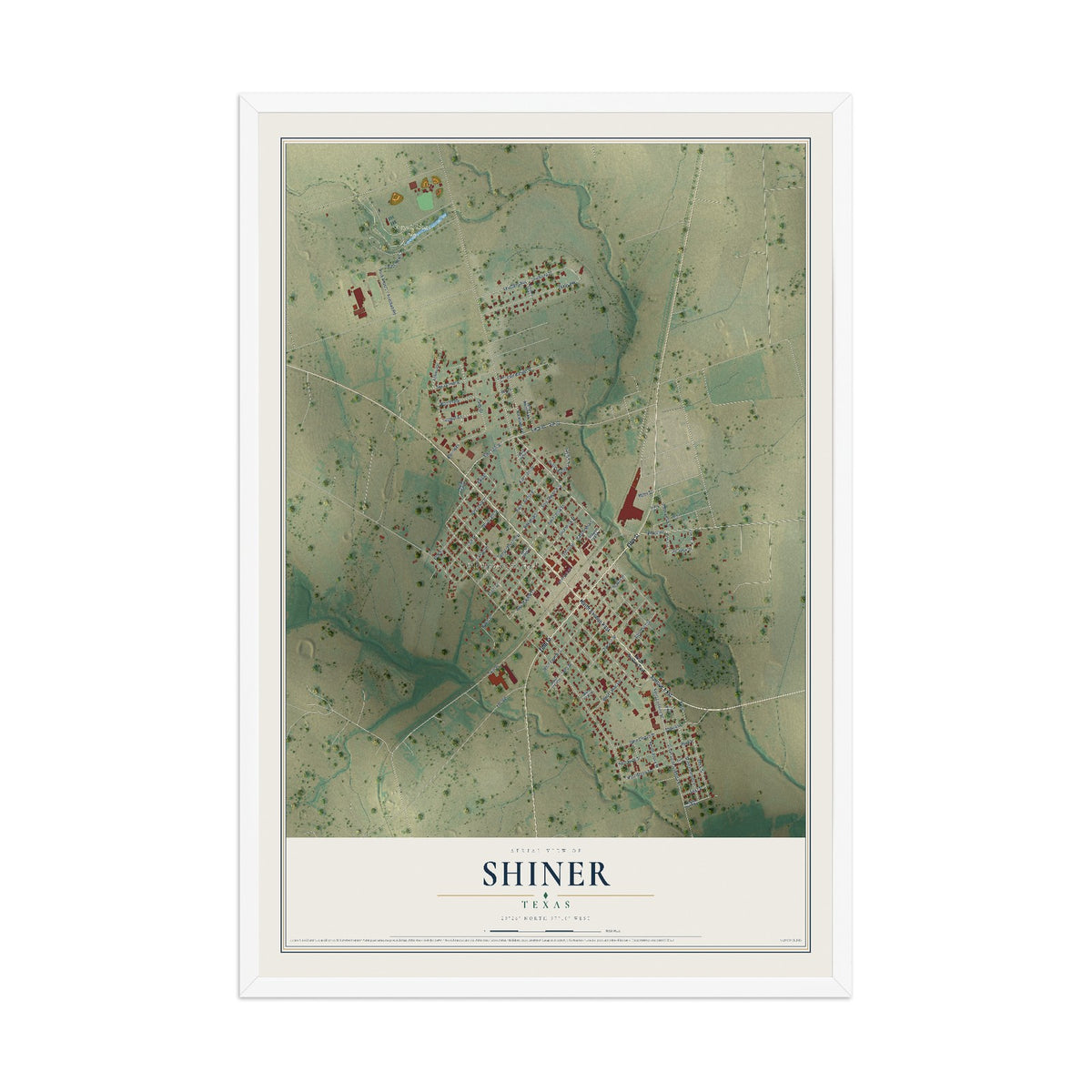 Map of Shiner, Texas, 12 x 18 inch print in a white wood frame