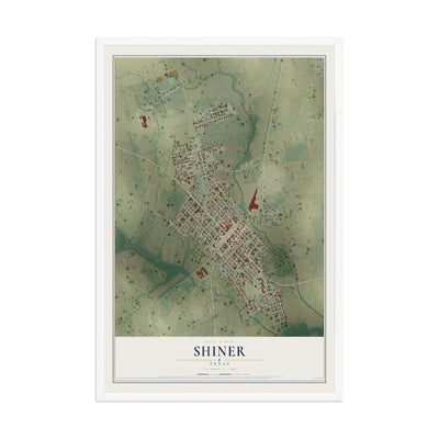 Map of Shiner, Texas, 12 x 18 inch print in a white wood frame