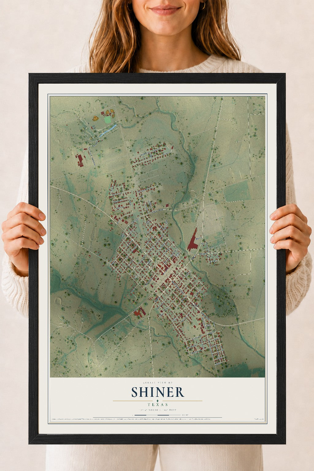 Map of Shiner, Texas, 18 x 24 inch print in a black wood frame