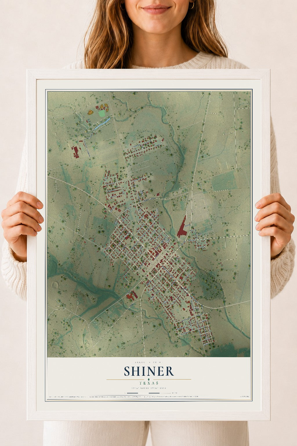 Map of Shiner, Texas, 18 x 24 inch print in a white wood frame