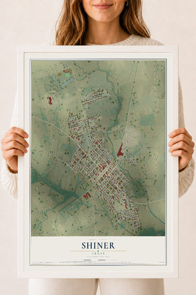 Map of Shiner, Texas, 18 x 24 inch print in a white wood frame