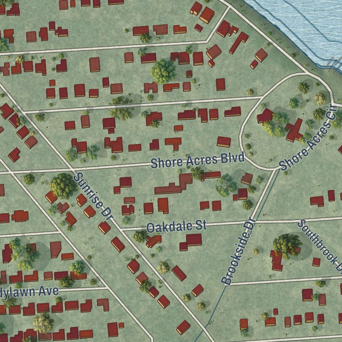 Second close-up of the map of Shoreacres, Texas print showing more streets and buildings