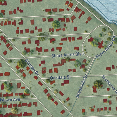 Second close-up of the map of Shoreacres, Texas print showing more streets and buildings