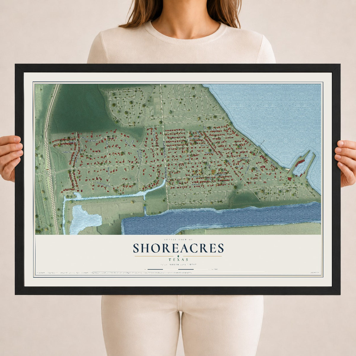 Map of Shoreacres, Texas, 18 x 24 inch print in a black wood frame