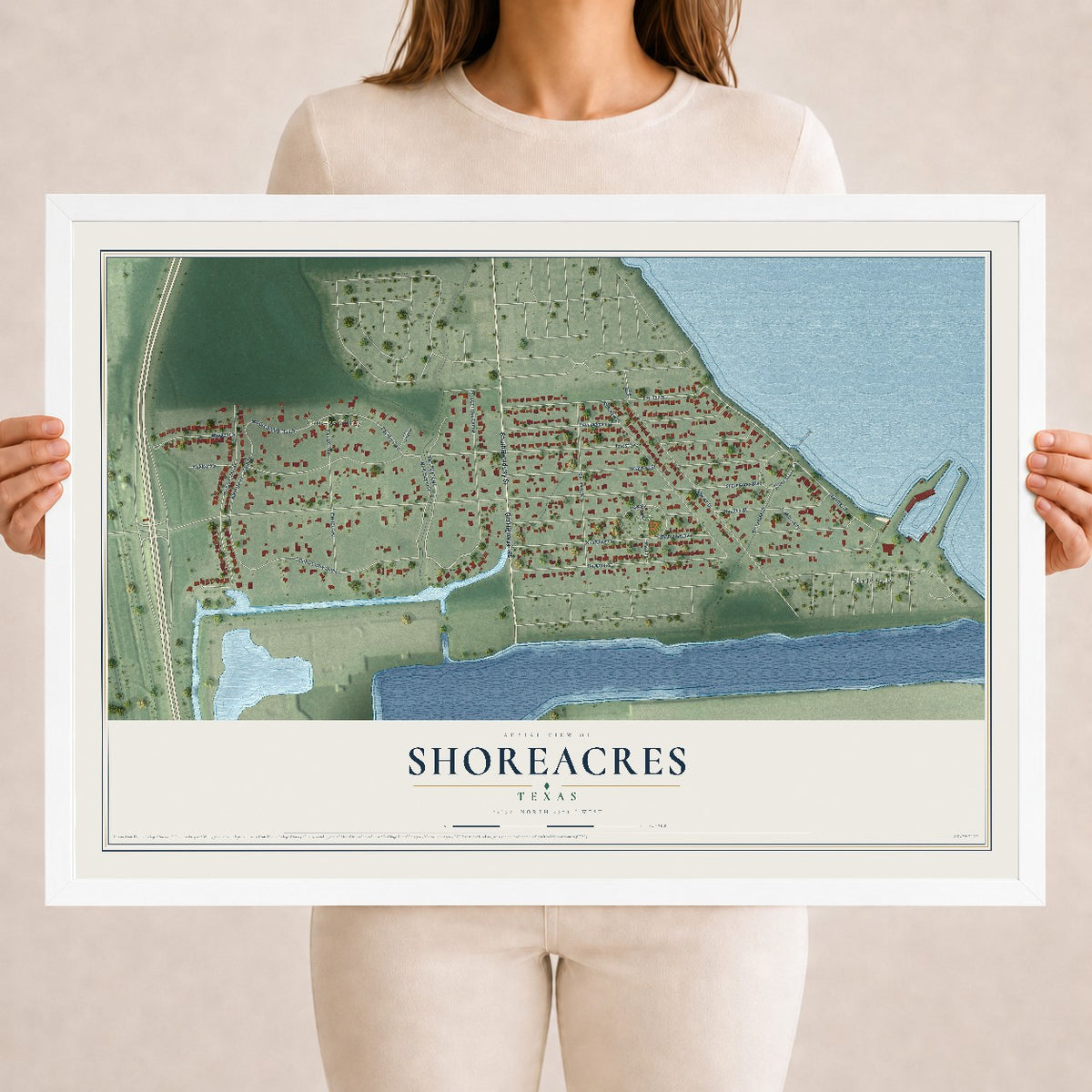 Map of Shoreacres, Texas, 18 x 24 inch print in a white wood frame