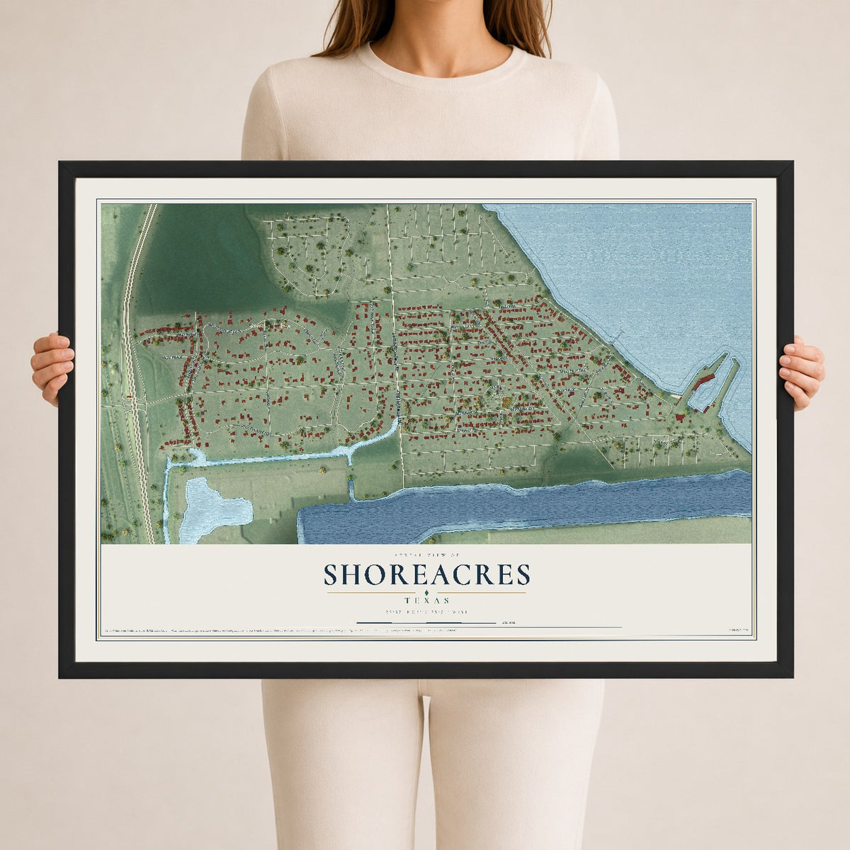 Map of Shoreacres, Texas, 24 x 36 inch print in a black wood frame