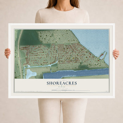Map of Shoreacres, Texas, 24 x 36 inch print in a white wood frame