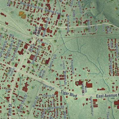 Close-up of the map of Silsbee, Texas print showing street and building detail