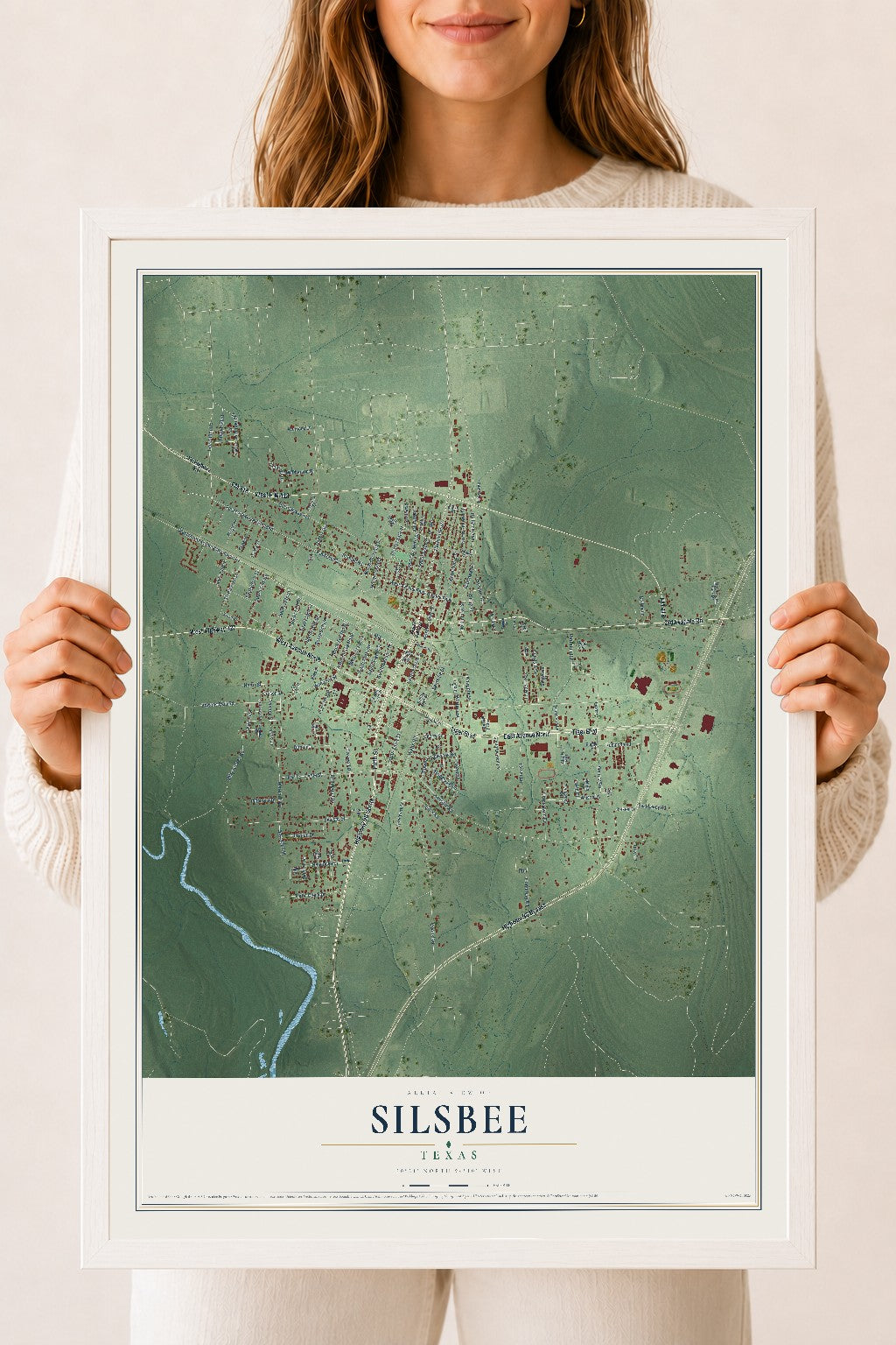 Map of Silsbee, Texas, 18 x 24 inch print in a white wood frame