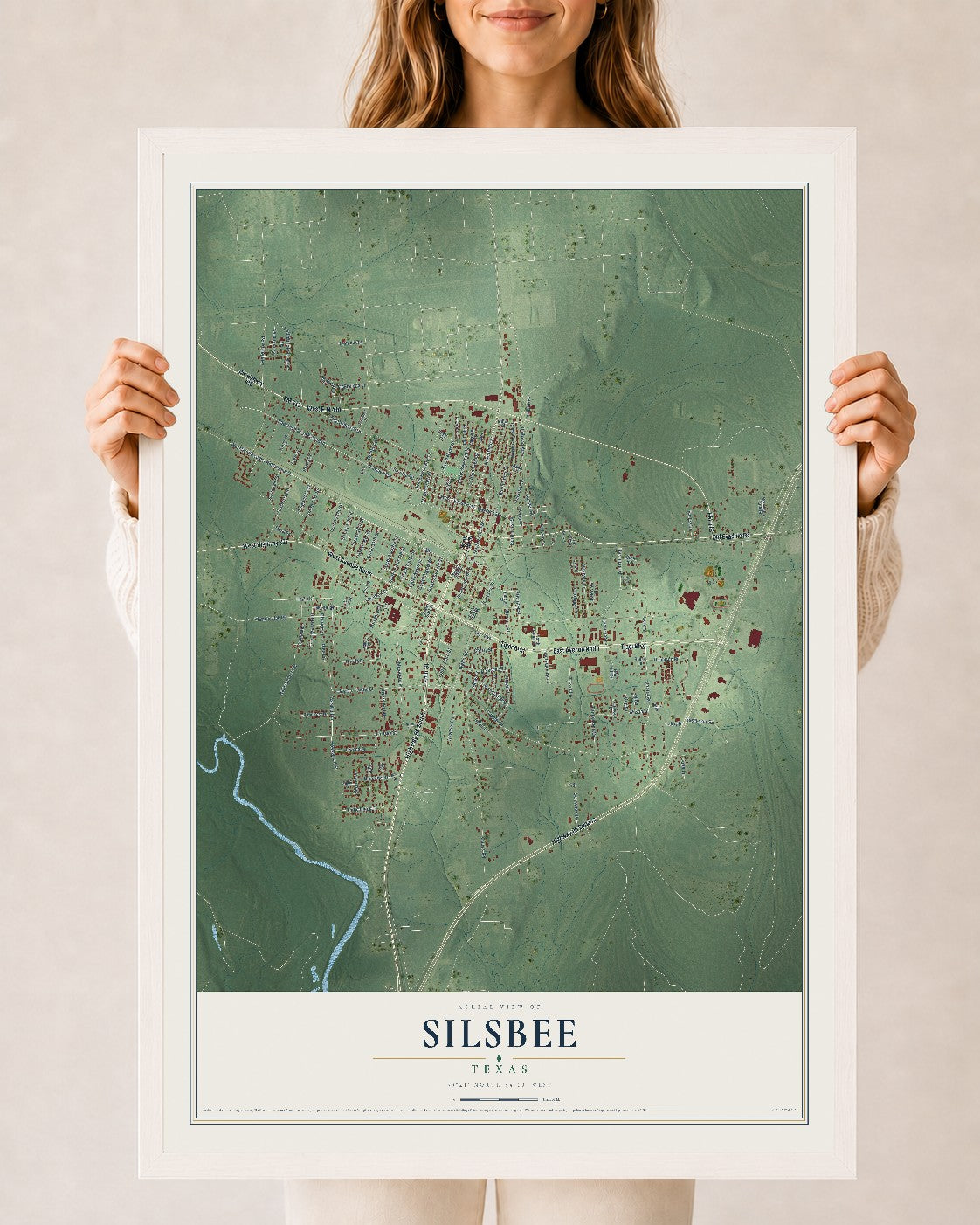 Map of Silsbee, Texas, 24 x 36 inch print in a white wood frame