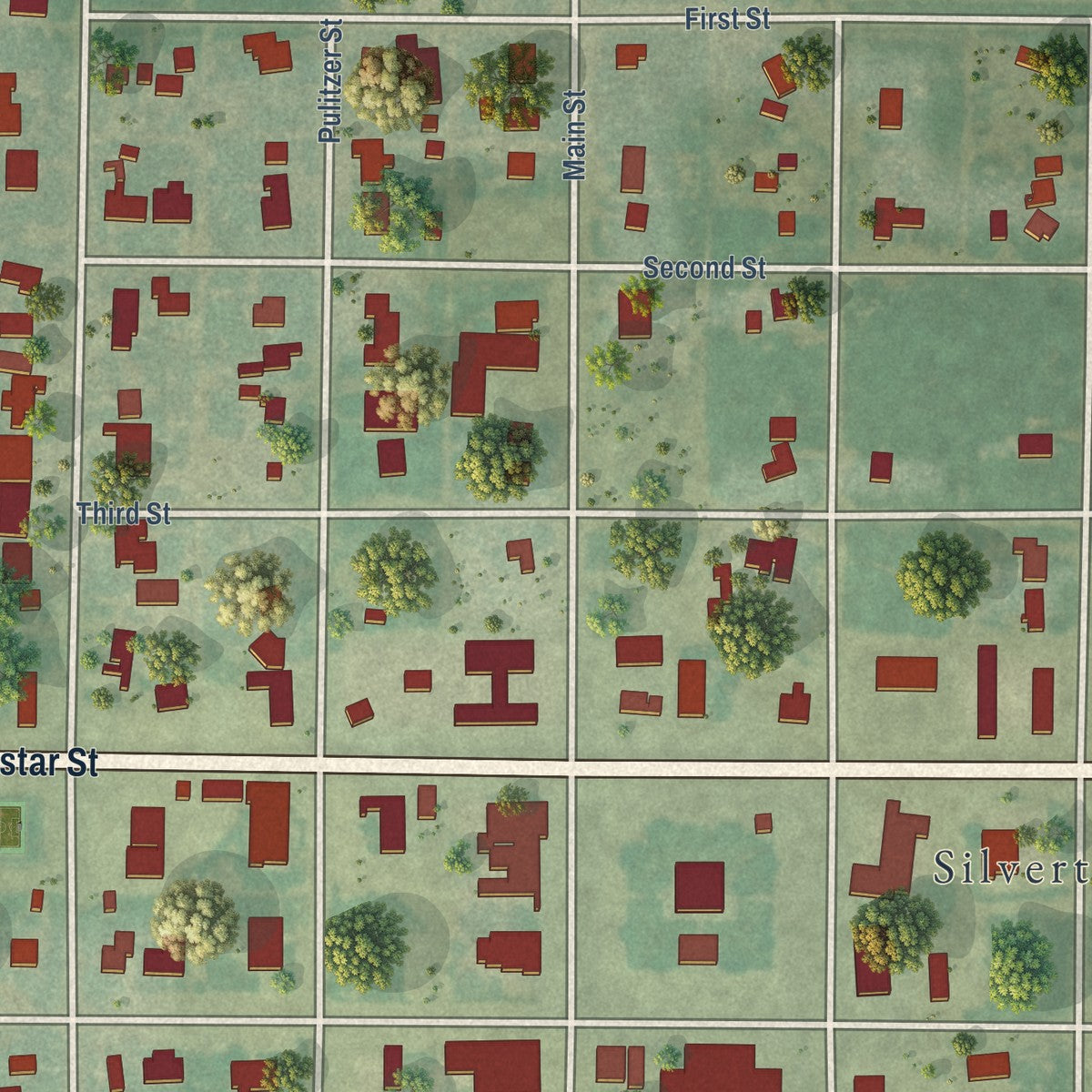 Close-up of the map of Silverton, Texas print showing street and building detail