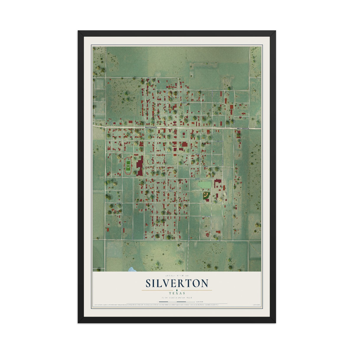 Map of Silverton, Texas, 12 x 18 inch print in a black wood frame
