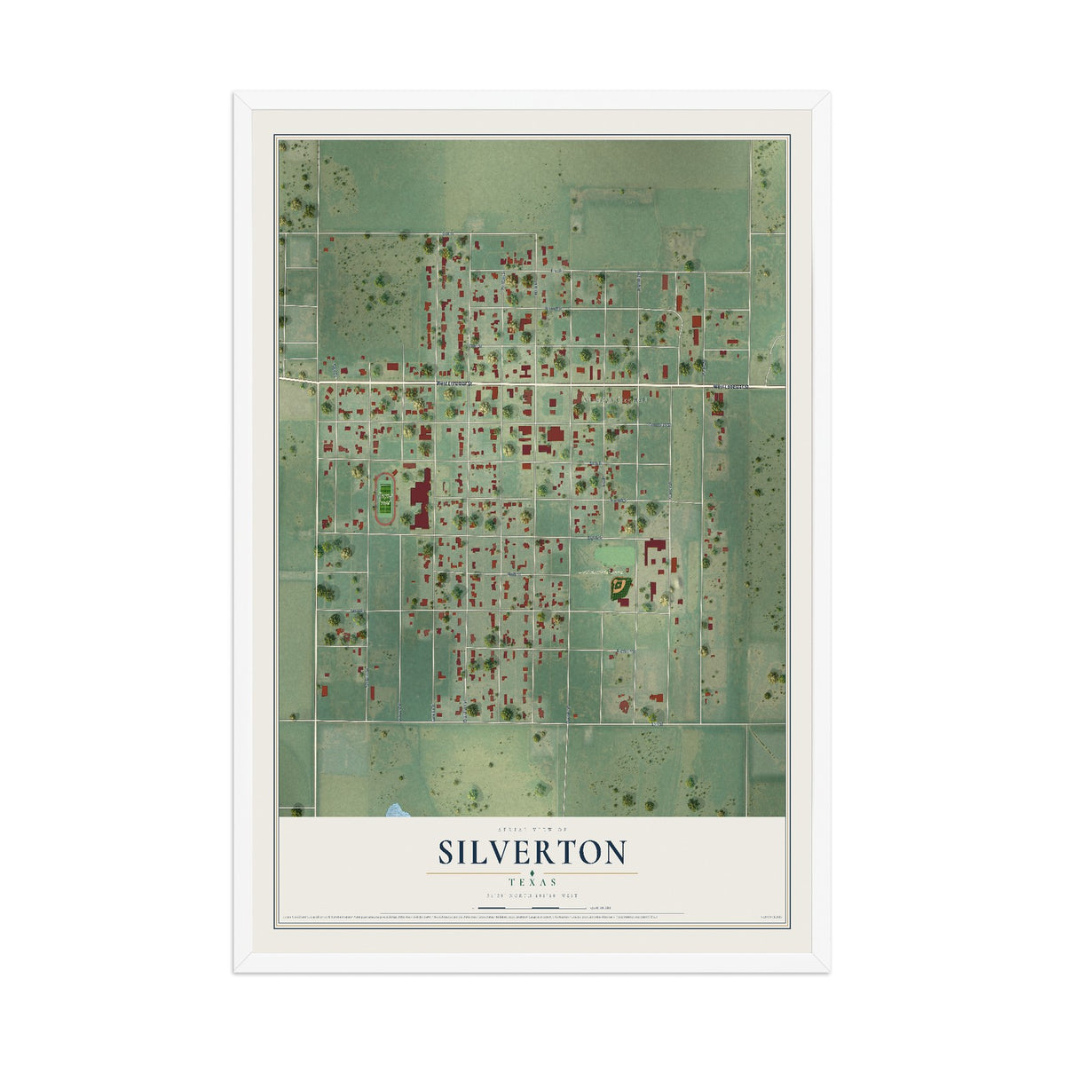 Map of Silverton, Texas, 12 x 18 inch print in a white wood frame