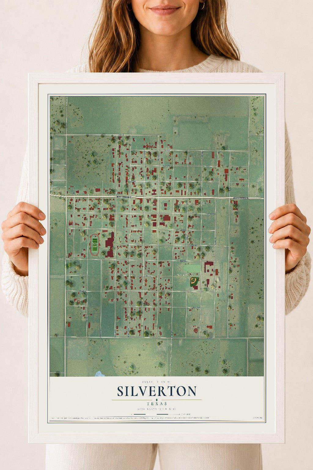 Map of Silverton, Texas, 18 x 24 inch print in a white wood frame